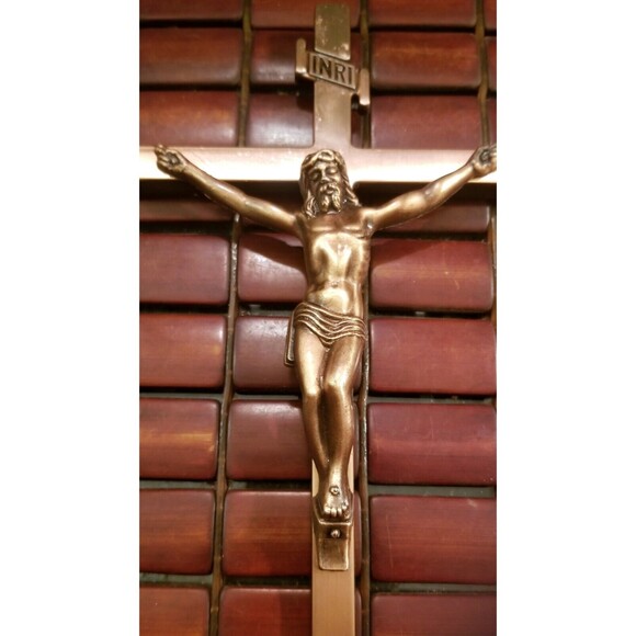 Vintage Lovell  Curved Bronze Crucifix Casket Topper  11.5"x6" - Picture 2 of 4